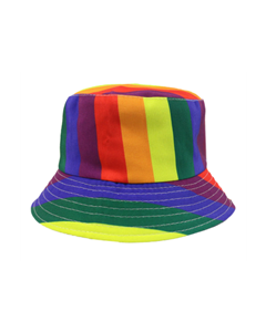 Gay Pride bucket hat with large rainbow stripes.  Also available bisexual pride hats, lesbian pride hats, transgender pride hats, nonbinary pride and pansexula pride hats.