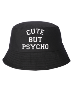 Childrens bucket hat with 'cute but psycho' print.   Fits toddler to age 8.  Many designs of kids sun hats for kids available.