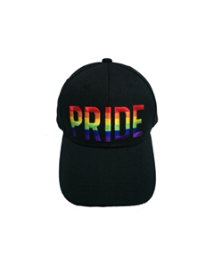 Gay Pride baseball cap in black with embroidered pride wording in rainbow colours..  May gay pride hats to choose from as well as transgender pride, bisexual pride, lesbian pride and more.