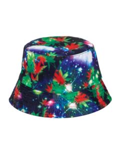 Foldable Cotton Sun Hat with Galaxy Ganja Design.  These bucket hats can be folded to store in your bag or pocket and make for funky festival wear.