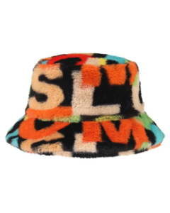 Alphabet design print faux fur soft, warm and fluffy bucket hat or festival hat.  Nice warm festival hat for those chilli festival evenings.  Many colours of fluffy bucket hats available as well as matching bags