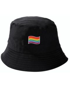 Gay Pride flag bucket hat with embroidered rainbow flag.   Also available, rainbow pride hats, bisexual pride hats, gay pride hats, pansexual pride hats and non binary pride hats.