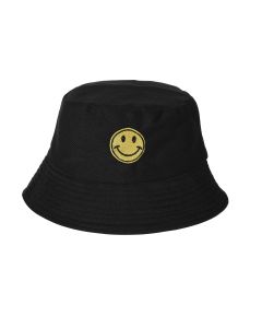 Smiley Face Bucket Hat.  Black Rave Hat With Smiley Face Badge