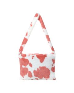 Faux fur fluffy shoulder bag in pink cow print. These tote bags are fashionable and popular and there are matching fluffy faux fur bucket hats available too!