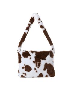 Faux fur fluffy shoulder bag in brown cow print. These tote bags are fashionable and popular and there are matching fluffy faux fur bucket hats available too!