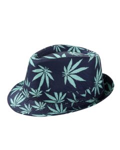 Festival trilby hat in black with green ganja leaf print.  These trilby hats make great festival hats.  Also available are black trilby hats and straw festival trilby hats.