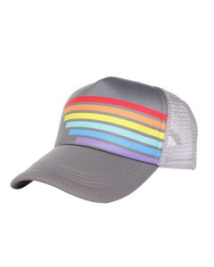 Gay Pride truckers cap in grey with rainbow stripes.  Also available gay pride truckers cap in grey with rainbow stripes and gay pride truckers hat in red white and blue with rainbow stripes.