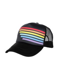 Gay Pride truckers cap in black with rainbow stripes.  Also available gay pride truckers cap in grey with rainbow stripes and gay pride truckers hat in red white and blue with rainbow stripes.