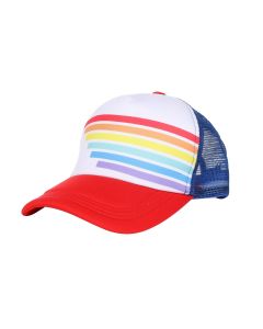 Gay Pride truckers cap in red, white and blue with rainbow stripes.  Also available gay pride truckers cap in grey with rainbow stripes and gay pride truckers hat in red white and blue with rainbow stripes.