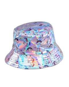 Silver Shiny Bucket Hat With Unicorn Print