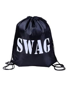 Swag Bag.  Black drawstring bag with Swag Bag printed on it.  These foldable drawstring PE bags make great festival wear for your festival outfit.  Pretty little thing.