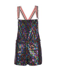 Short rainbow sequin dungarees, festival outfit.  The short multicoloured sequin dungarees make great festival wear for your funky festival outfit. Pretty little thing.