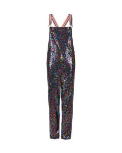 Long rainbow sequin dungarees size 10.  These long multicoloured sequin dungarees make great festival wear for your funky festival outfit. Pretty little thing.  