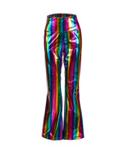 Shiny holographic rainbow flares.  These funky 70's disco flares make for a great festival outfit.  Metallic multicoloured 70's disco flares.  Pretty little thing.