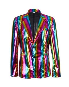 Rainbow metallic blazer festival jacket.  This shiny multicoloured blazer jacket is a great addition to your funky festival outfit.  Pretty little thing.  Gay pride jacket