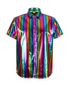 Rainbow metallic men's 70s disco shirt  The shiny 70's disco shirts make great festival outfits and party wear or fancy dress.  Shiny rainbow men's 1970's shirt. Pretty little thing