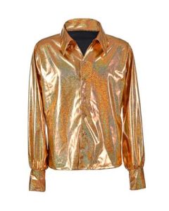 Men's 70's disco shirt in gold.  These metallic gold 70's disco shirts are great fancy dress or festival outfits.  Pretty little thing.