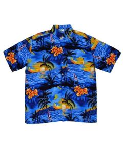 Blue Hawaiian print shirt with yachts.  These blue Hawaiian shirts are cool and comfortable, a great festival wear accessory to your funky festival outfit. Pretty little thing.