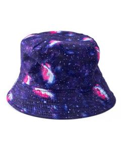 Foldable cotton bucket hat with galaxy design.