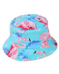 Foldable Cotton Bucket Sun Hat Flamingo Print In Aqua