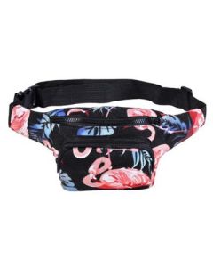 Flamingo print bum bag in black.  These canvas bumbags are adjustable and have matching flamingo print bucket hats available.  The bum bags make great festival wear to your festival outfit.  Pretty little thing.