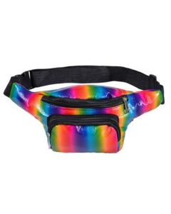 Shiny rainbow PU bum bag with adjustable straps and pockets.  These mutlicoloured bumbags make great festival wear to compliment your funky festival outfit.  Pretty little thing.