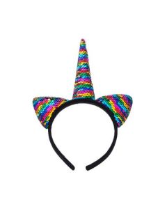 Rainbow sequin unicorn horn headband.  These unicorn head bands make great festival wear accessories to compliment you funky festival outfit.  Pretty little thing.