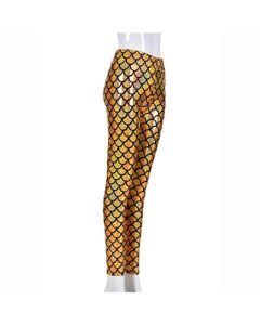 Gold shiny mermaid print festival leggings.  These metallic holographic gold leggings make great festival wear for your funky festival outfit. Pretty little thing.