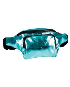 Turquoise shiny metallic bum bag with adjustable straps and two pockets.  These shiny bumbags make a great festival accessory to your funky festival outfit.