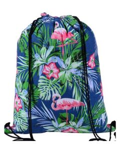 Flamingo print drawstring PE bag.  These canvas drawstring bags are robust and also make great festival wear to compliment your funky festival outfit.  Pretty little thing.