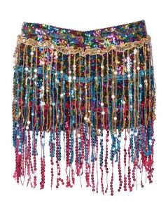 Rainbow sequin tassel skirt with hot pants underneath.  These multicoloured sequin tassel skirts make great dance shorts or festival wear for your funky festival outfit 