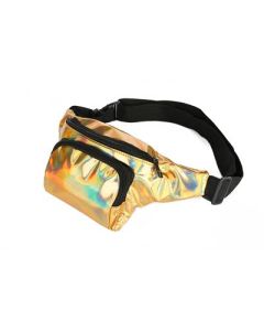 Shiny gold holographic bum bag with adjustable straps and two pockets.  These gold metallic bumbags make fashionable festival wear for your funky festival outfit.  Matching gold bucket hats available.  Pretty little thing.