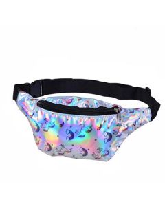 Shiny silver unicorn print bum bags with adjustable straps and pockets.  These metallic silver bumbags make great festival wear for your funky festival outfit.  Matching bucket hats available.  Pretty little thing.