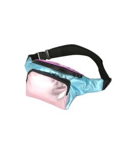 Metallic pink and turquoise patchwork bum bag with adjustable straps and two pockets.  These shiny bumbags make great festival wear for your funky festival outfit.  Pretty little thing.