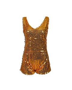 Gold sequin playsuit, romper suit or one piece.  This gold sequin play suit makes great festival wear for your funky festival outfit.  The sizes are 8 and 10 Pretty little thing