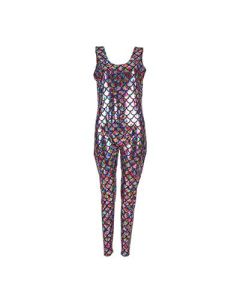 Shiny rainbow print catsuit jumpsuit or dance suit.  These shiny multicoloured catsuits make great festival wear for your funk festival outfit.  Pretty little thing.