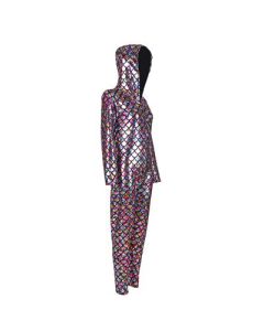 Shiny rainbow scale hooded catsuit jumpsuit. These shiny metallic hooded catsuits make great festival wear for your funk festival outfit.   Pretty little thing