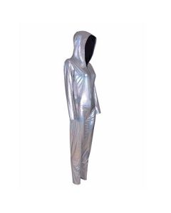 Holographic silver hooded catsuit jumpsuit.  These silver holographic catsuits or jumpsuits make great festival wear for your funky festival outfit.  Pretty little thing.