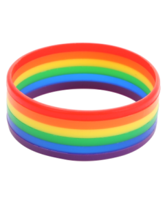 Rainbow Gay Pride silicone wristband.  Also available bisexual pride silicone wristband, lesbian pride silicone wristband, pansexual pride silicone bracelet, transgender pride and more.