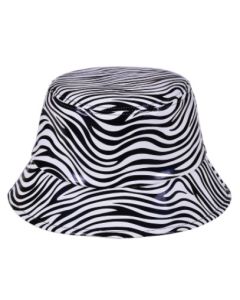 Faux leather bucket sun hat with zebra print. These rave hats can be used as a sun hat or a rain hat.  Great festival wear for your festival outfit.