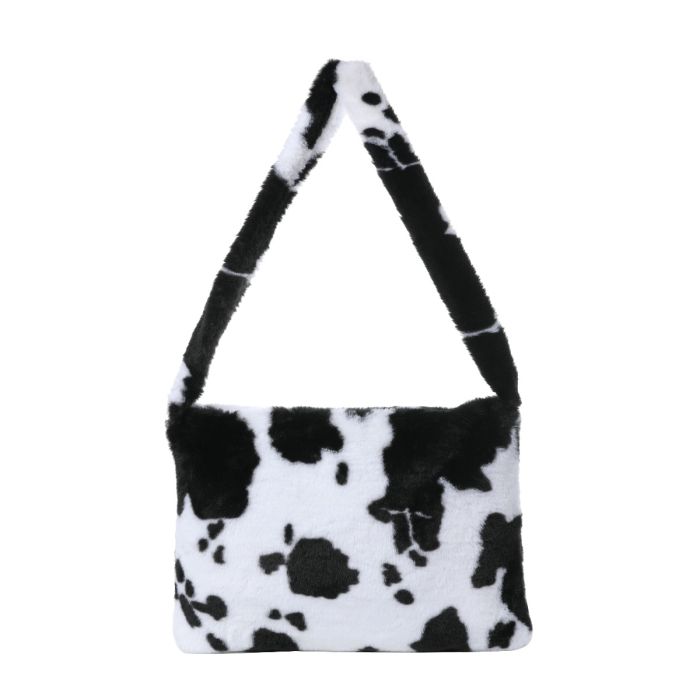 Festival Outfits Black Cow Print Faux Fur Fluffy Shoulder Bag