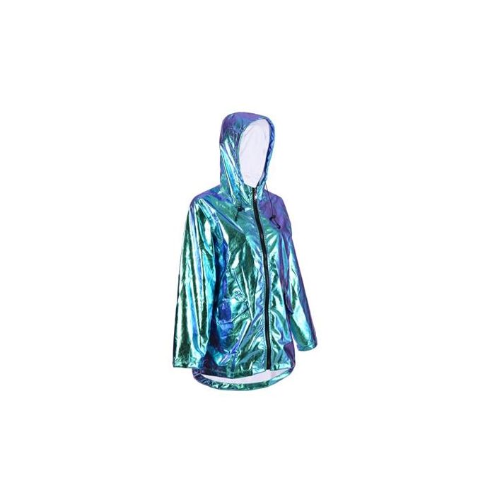 Festival Outfits - Blue Holographic Hooded Raincoat Festival Jacket
